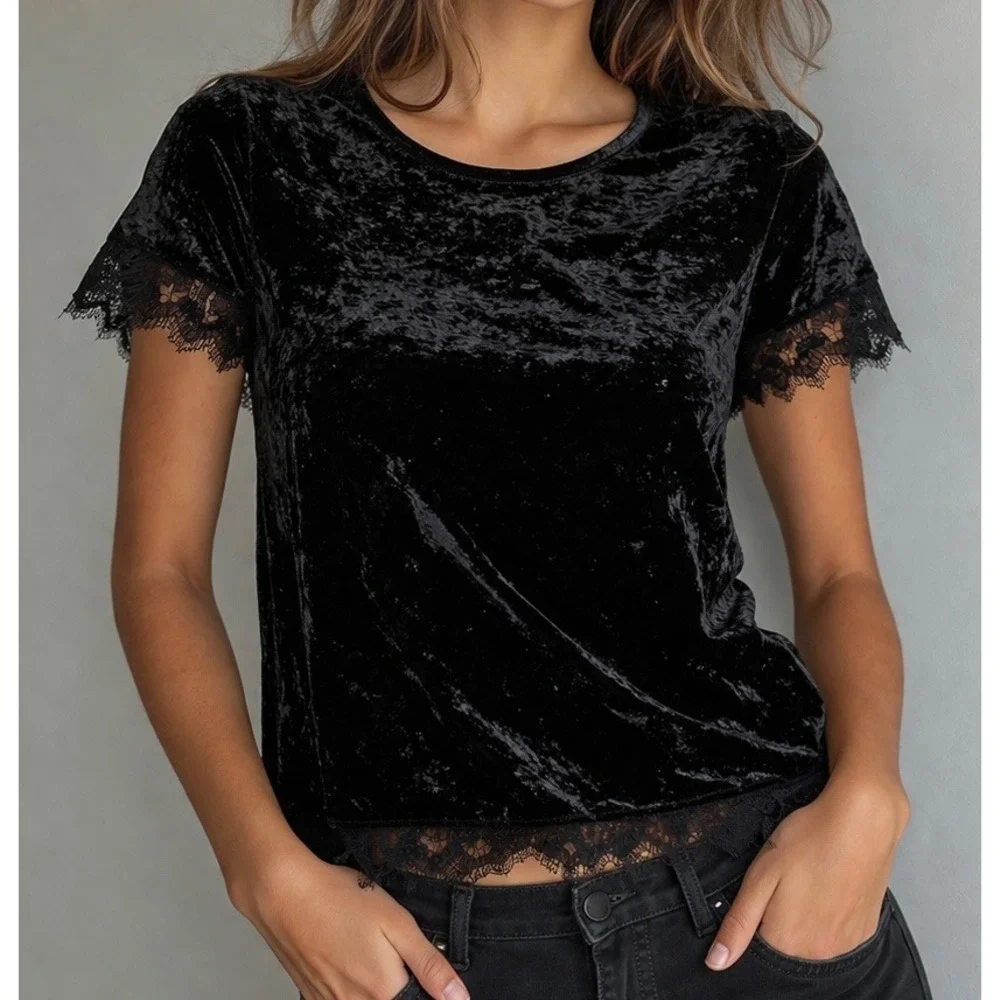 Black Velvet Lace Trim Top Women XS Short Sleeve Keyhole Back